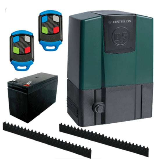 Gate opener system with remote controls and battery on a white background