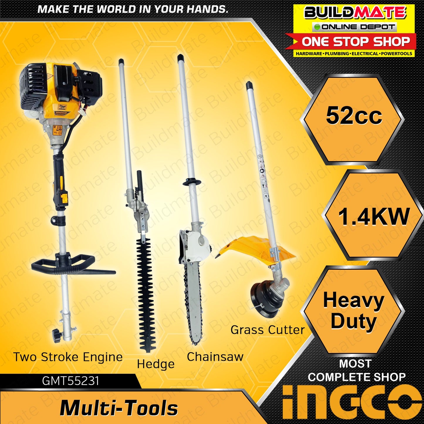 INGCO 52CC Brush Cutter & Grass Trimmer GMT55231 Multi-tools – 1.4Kw (2.2HP)