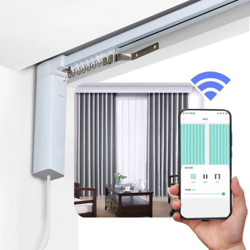 Smart curtain system with smartphone control in a living room setting