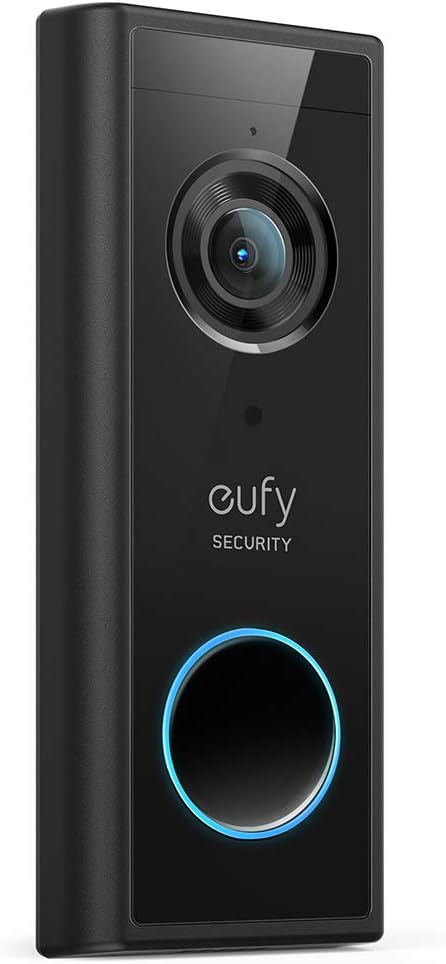 Black eufy security camera on a white background
