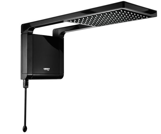 Black shower head with control panel on a white background