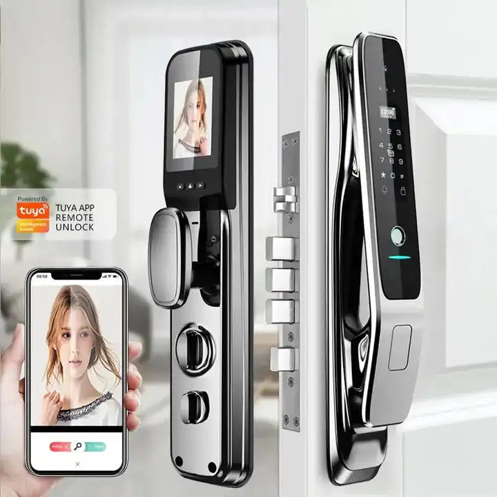Smart door lock with digital display and smartphone app interface on a white background
