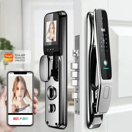 Smart door lock with digital display and smartphone app interface on a white background