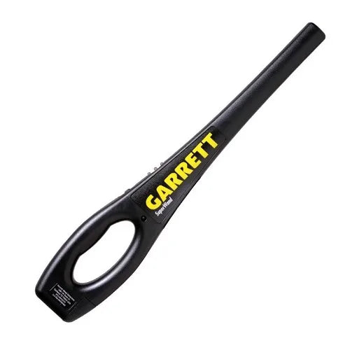 Black metal detector handle with 'Garrett' branding on a white background
