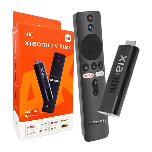 Xiaomi TV Stick with remote control and packaging on a white background